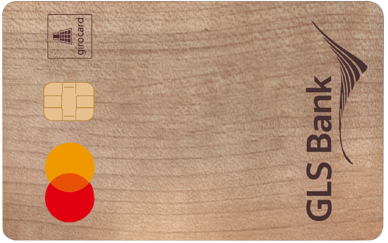 GLS Bank Karte aus Holz mit der Mastercard-Option und kontaktlose Zahlung