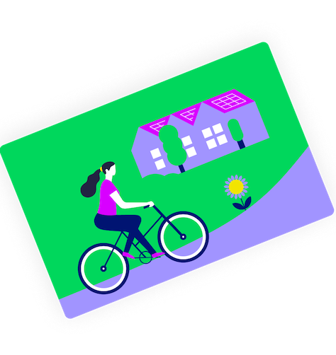 Illustration einer Frau auf einem Fahrrad. Sie fährt an einem Haus vorbei, der Hintergrund ist grün.
