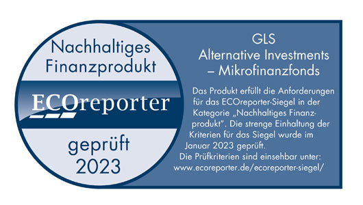 ECOreporter-Siegel Kategorie "Nachhaltiges Fianzprodukt" für den GLS AI - Mikrofinanzfonds Siegel: ECOreporter-Siegel Kategorie "Nachhaltiges Fianzprodukt" für den GLS AI - Mikrofinanzfonds