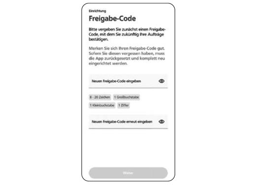 Screenshot der Securego Plus App fuer die Eingabe des Freigabecodes