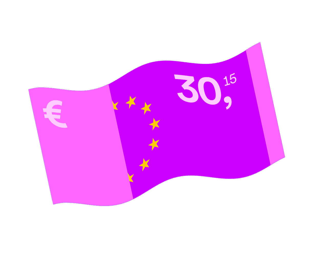 Illustration einer violetten Euro-Banknote mit 30,15 und gelben Sternen.