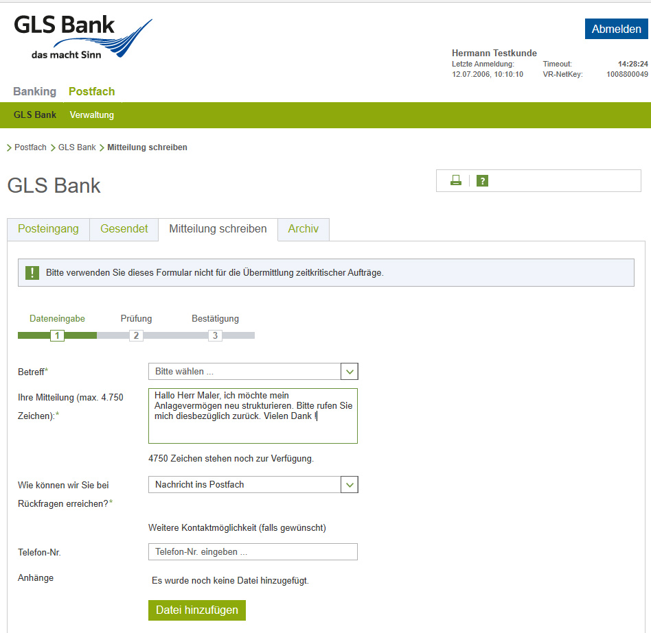 Nachricht schreiben über das GLS Onlinebanking Postfach