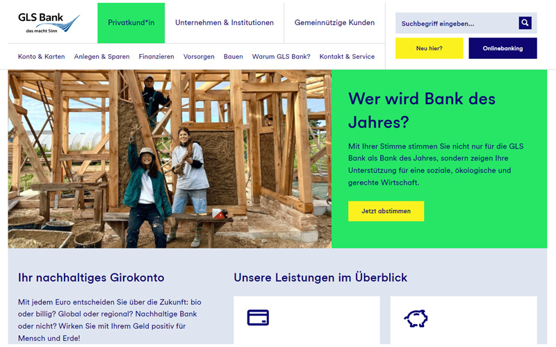 Screenshot der GLS Website in neuen Farben: grün, gelb, helblau, dunkelblau