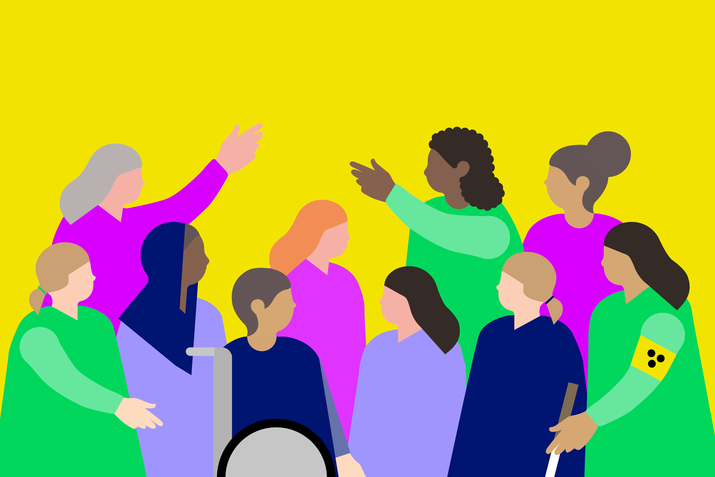 Illustration verschiedener Frauen, einschließlich solcher mit Behinderungen, vor einem gelben Hintergrund.