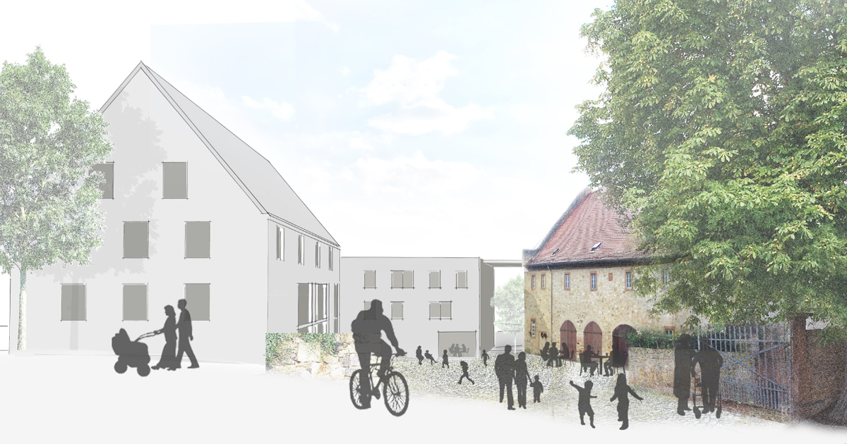 Genossenschaftliches Wohnen Skizze von einem Bauprojekt mit vielen Menschen.