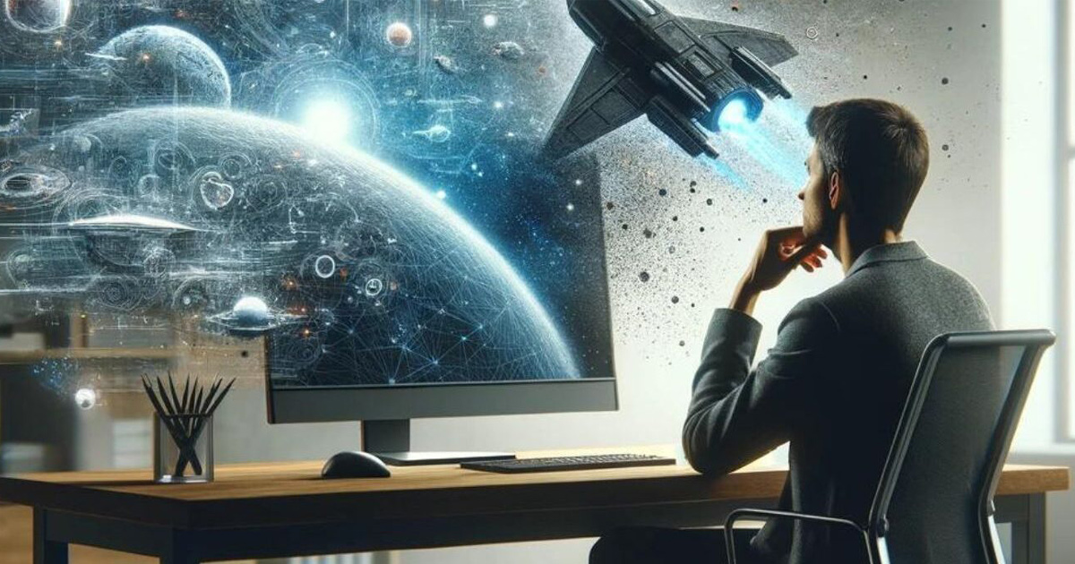 GLS Bank Blog KI KI generiertes Bild: Mensch am Schreibtisch mit 3D Weltraum der aus seinem Comutperbildschirm kommt.