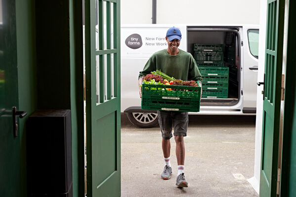 Mann trägt Gemüsekiste vom Auto in eine offene Türe.