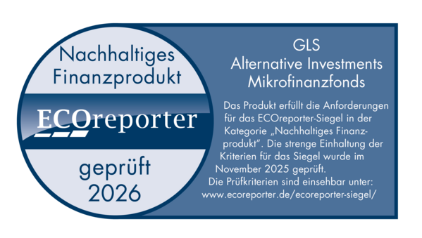Blaues und graues ECOreporter-Siegel für nachhaltige Finanzprodukte, gültig bis 2026.