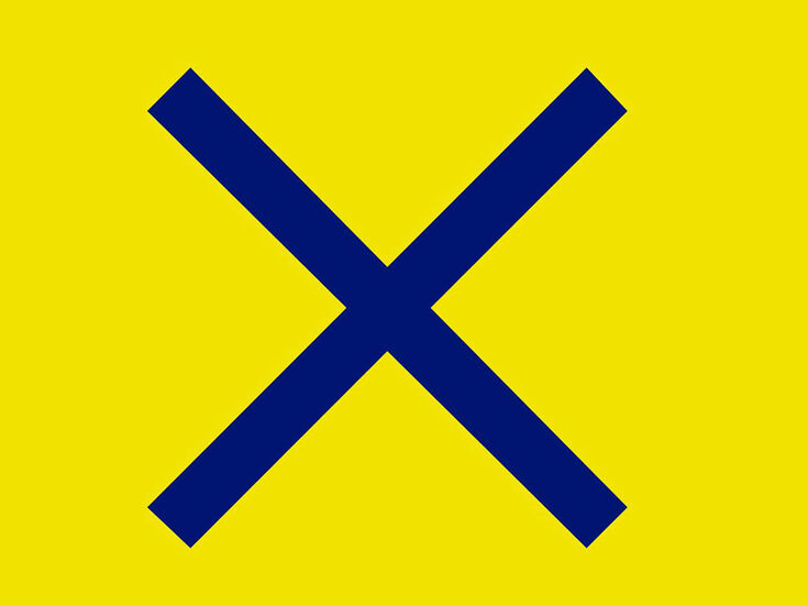 Ein fettes blaues X auf einem einfarbig gelben Hintergrund.