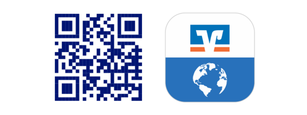 QR-Code neben einem VR International App-Symbol mit einer stilisierten Weltkugel und einem blauen Logo.