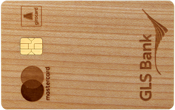 Holzkarte GLS Bank mit Mastercard und Girocard Logo