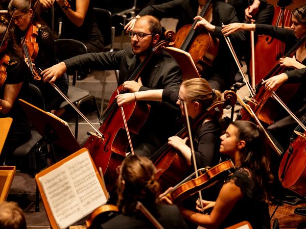 Musiker spielen während einer Aufführung Streichinstrumente in einem Orchester.