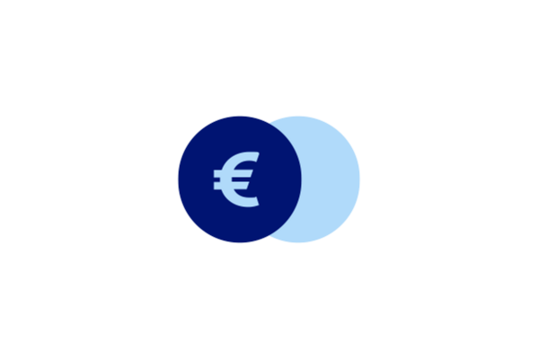 Euro-Symbol auf überlappenden blauen Kreisen innerhalb eines größeren grünen Kreises auf grauem Hintergrund.