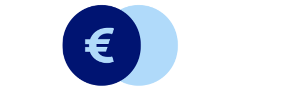 Euro-Symbol auf überlappenden blauen Kreisen innerhalb eines größeren grünen Kreises auf grauem Hintergrund.