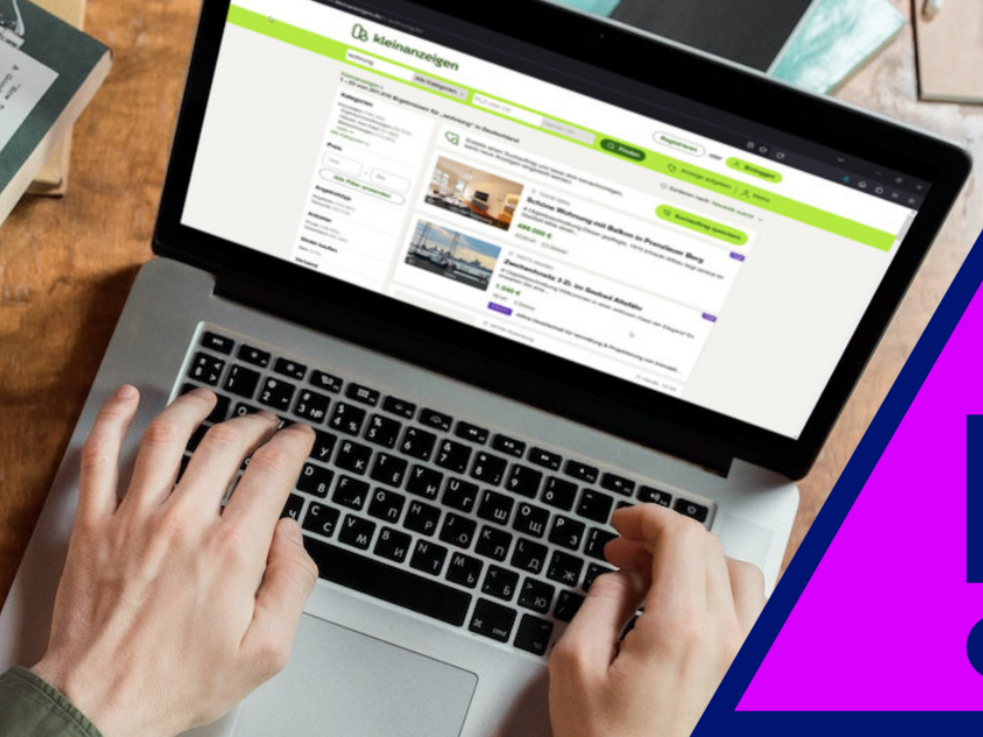 Laptop mit Wohnungssuche bei Ebay, dazu ein Achtung-Symbol