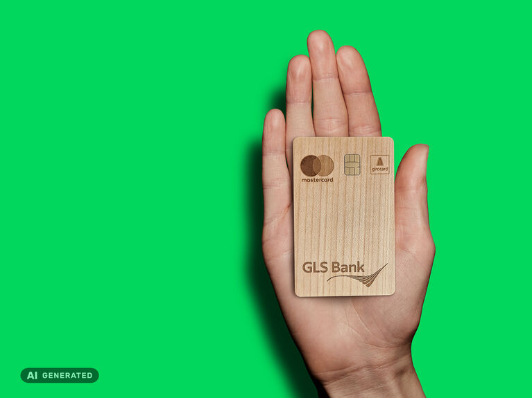 Hand mit GLS Bankkarte aus Holz. Dieses Bild wurde KI generiert.