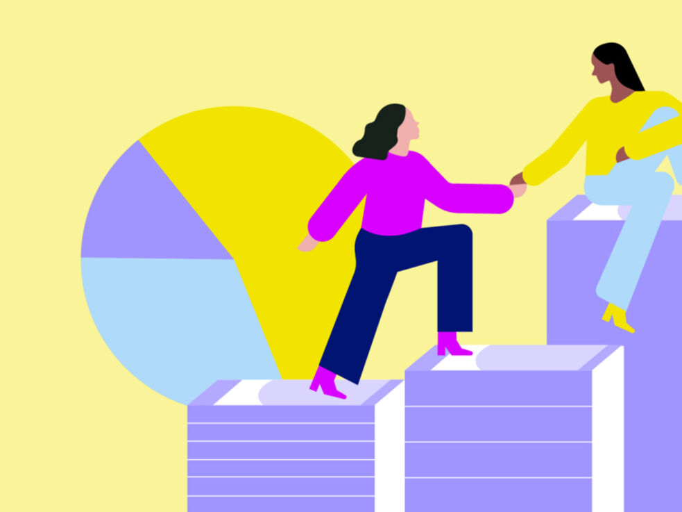 Illustration von 2 weiblich gelesenen Personen, die mit gegenseitiger Unterstützung hochsteigen