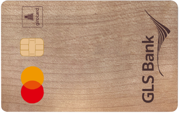 GLS Bank Karte aus Holz mit der Mastercard-Option und kontaktlose Zahlung