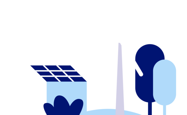 Illustration von einem Haus mit Solaranlage, einem Windrad und Bäumen