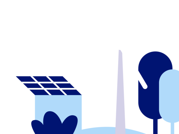 Illustration von einem Haus mit Solaranlage, einem Windrad und Bäumen