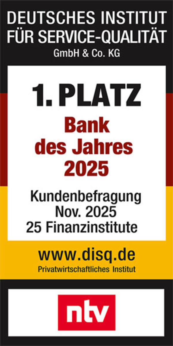 Siegel für die Bank des Jahres 2025 vom Deutschen Institut für Service-Qualität und ntv