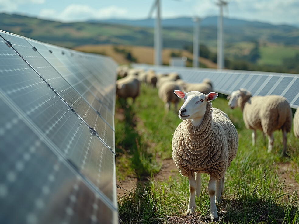 Schafe, die neben Solarmodulen stehen, im Hintergrund sind Windkraftanlagen zu sehen.