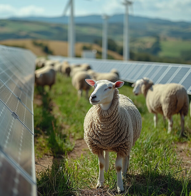 Schafe, die neben Solarmodulen stehen, im Hintergrund sind Windkraftanlagen zu sehen.