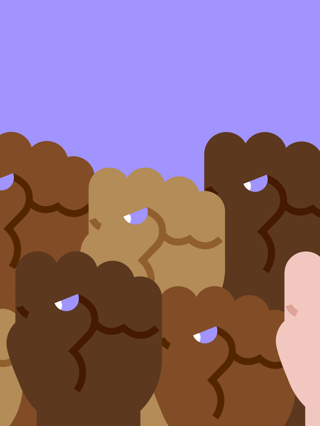 Mehrere erhobene Fäuste in verschiedenen Hauttönen vor einem einfarbigen lila Hintergrund.