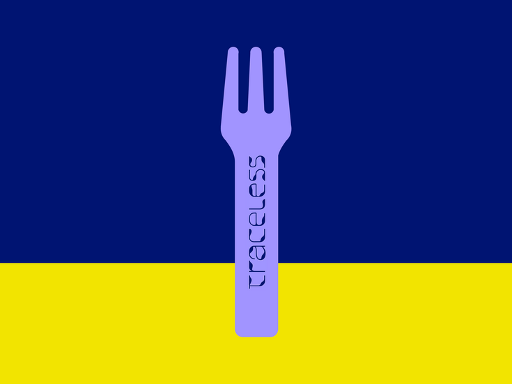 Eine lilafarbene Gabel, die auf blauem und gelbem Hintergrund spurlos beschrieben ist.