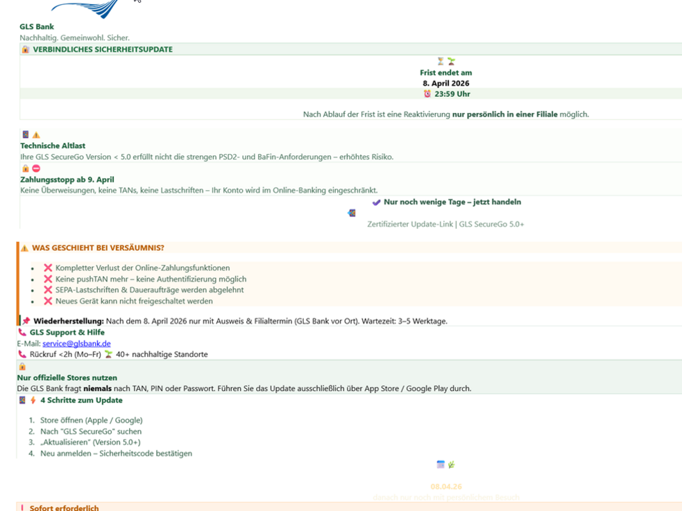 Screenshot einer Sicherheitsupdate-E-Mail der GLS Bank mit Anweisungen und Aktualisierungsdetails.