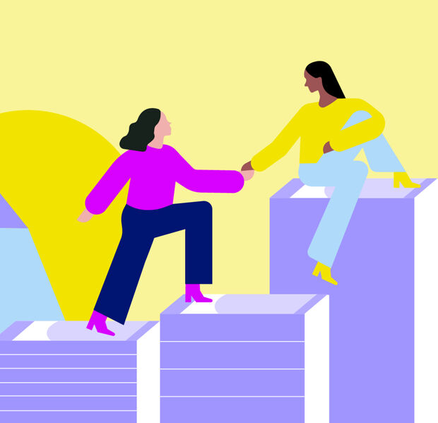 Illustration von 2 weiblich gelesenen Personen, die mit gegenseitiger Unterstützung hochsteigen