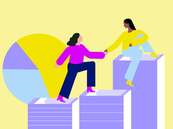 Illustration von 2 weiblich gelesenen Personen, die mit gegenseitiger Unterstützung hochsteigen