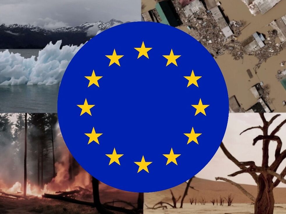 EU Flagge über vier Bildern mit Folgen des Klimawandels