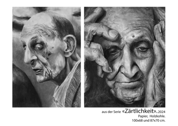 Zeichnung "Zärtlichkeit" schwarz/weiß von altem Mann  Zeichnung "Zärtlichkeit" schwarz/weiß von altem Mann