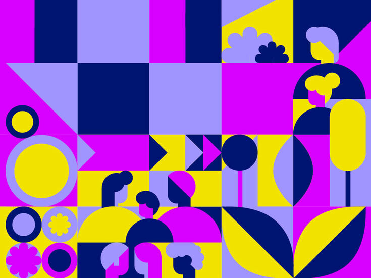 Abstrakte geometrische Kunst mit stilisierten Menschen, Blättern und verschiedenen Formen in leuchtenden Farben.