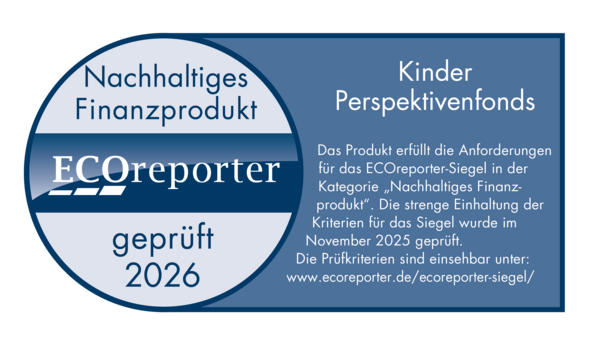 Blaues und weißes Etikett für ein ECOreporter-Siegel für nachhaltige Finanzprodukte 2026.