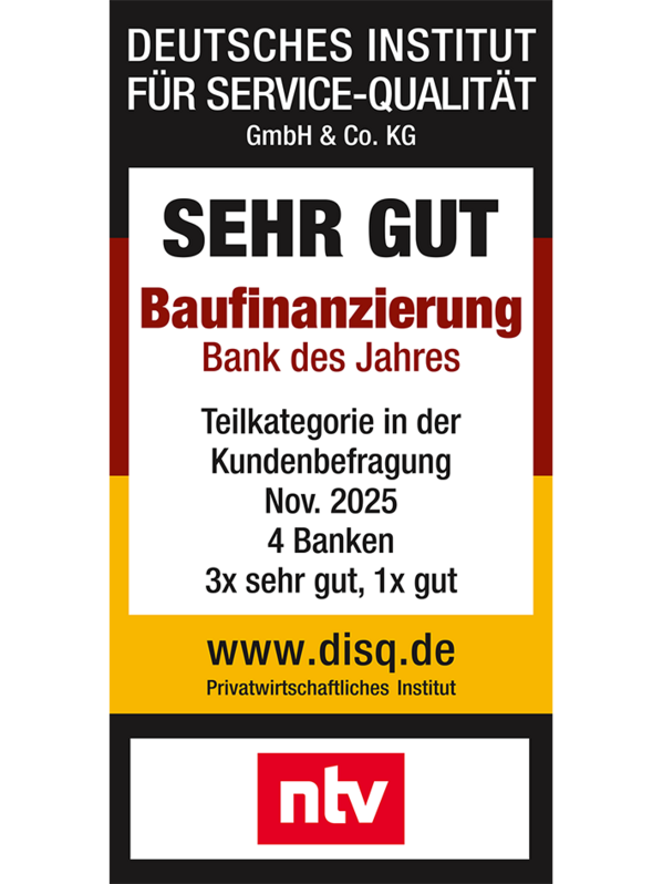 Das DISQ vergibt das Prädikat Sehr Gut für die Baufinanzierung 2025.