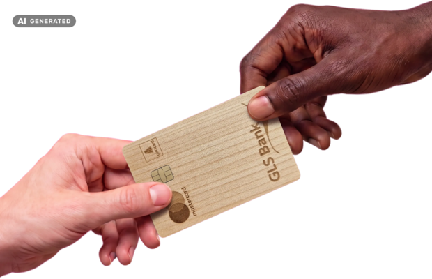 Zwei Hände übergeben die GLS Bankkarte aus Holz. KI generiertes Bild.