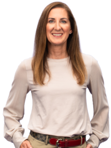 Portraitaufnahme von Daniela Feldt in beigem langarm T-shirt.