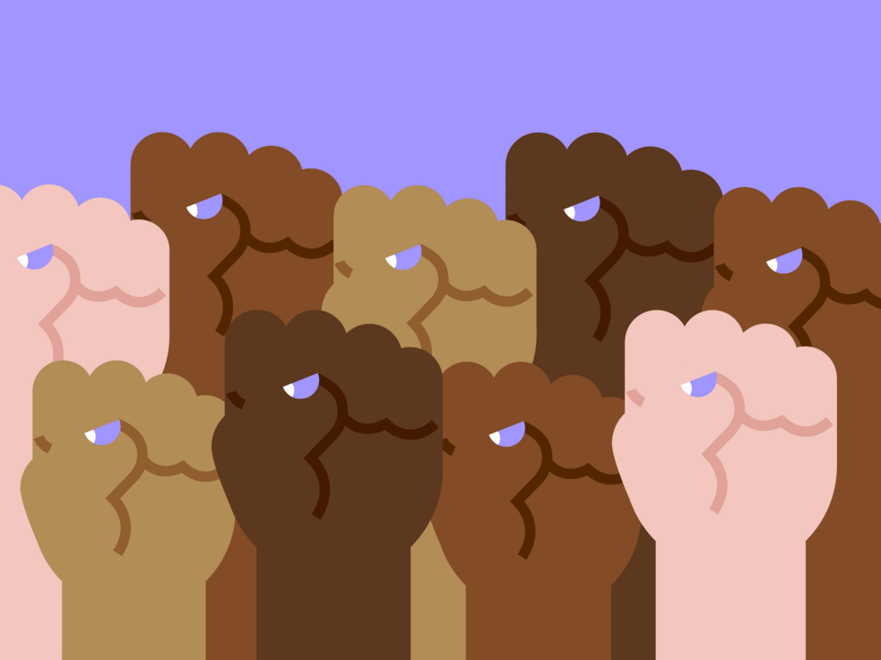 Illustration von erhobenen Fäusten in verschiedenen Hauttönen vor einem lila Hintergrund.