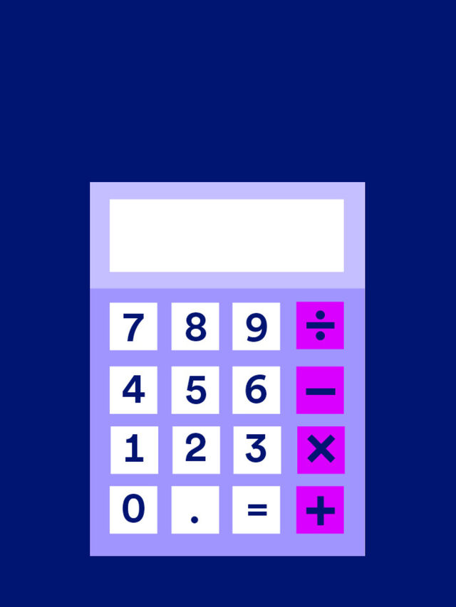 Digitale Illustration eines Taschenrechners mit Zahlen und mathematischen Symbolen auf blauem Hintergrund.