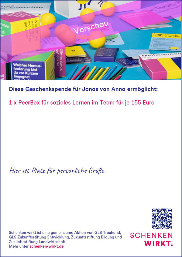 Geschenkgutschein für eine PeerBox-Spende für soziales Lernen, mit Platz für eine Nachricht.