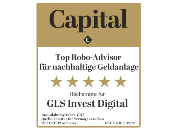 Auszeichnung für GLS Invest Digital als führender Robo-Advisor für nachhaltige Anlagen.