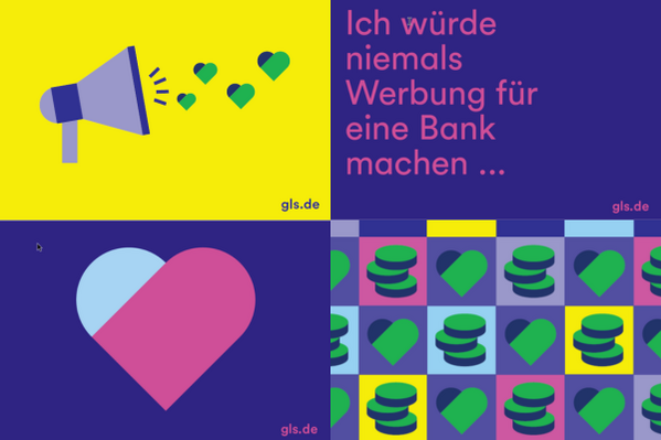 Vier Postkarten der GLS Bank mit unterschiedlichen Motiven