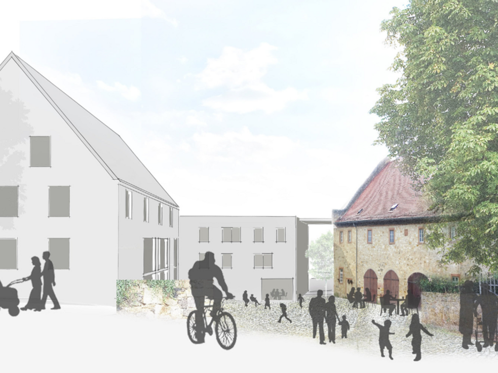 Skizze von einem Bauprojekt mit vielen Menschen.