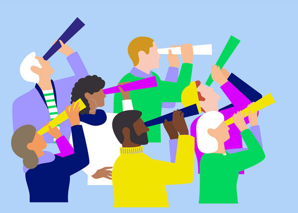 Illustration von Menschen mit unterschiedlichem Aussehen gucken durch ein Fernrohr.