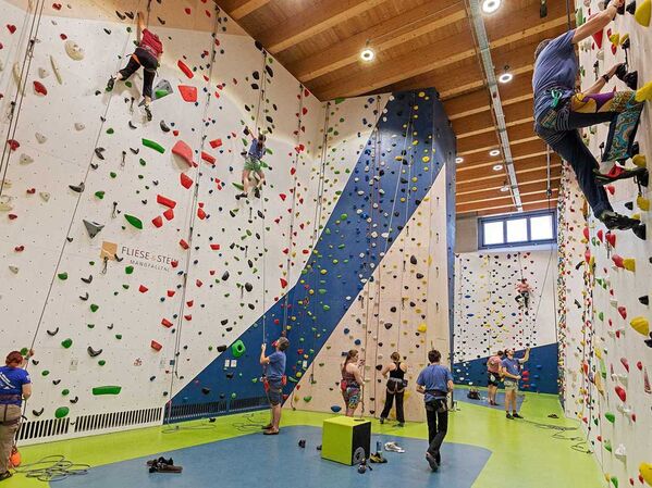 In einer Sporthalle klettern Menschen an bunten Kletterwänden.