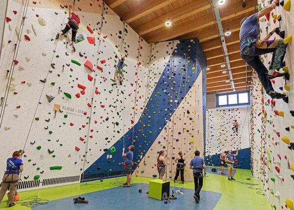 In einer Sporthalle klettern Menschen an bunten Kletterwänden.