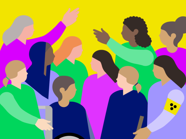 Illustration verschiedener Menschen, darunter auch Menschen mit Behinderungen, vor einem gelben Hintergrund.