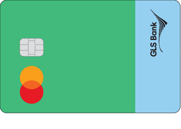 Eine grün-blaue GLS Bank Mastercard mit sichtbarem Chip und Banklogo.